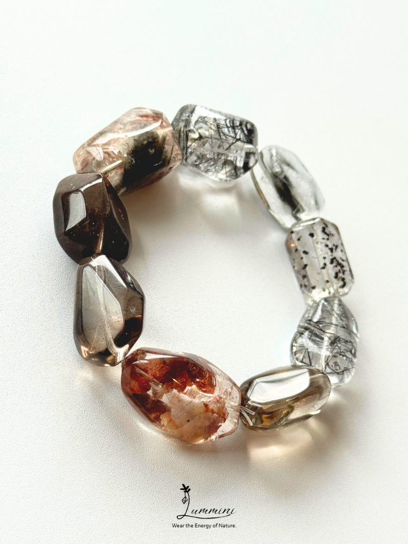 Artisanal Natural Mixed Crystal Bracelet – Black Rutilated Quartz, Black Mica, Black Hare’s Fur Quartz, Garden Quartz & Smoky Quartz, 12mm-15mm Freeform