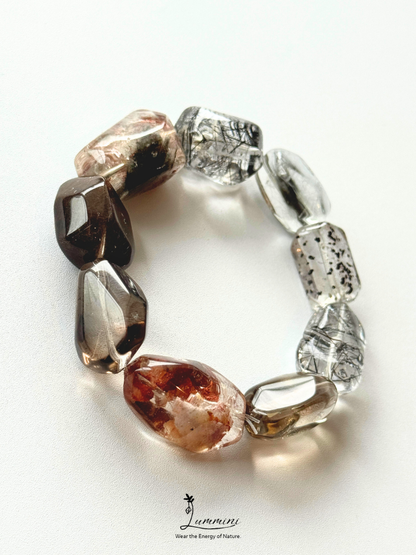 Artisanal Natural Mixed Crystal Bracelet – Black Rutilated Quartz, Black Mica, Black Hare’s Fur Quartz, Garden Quartz & Smoky Quartz, 12mm-15mm Freeform