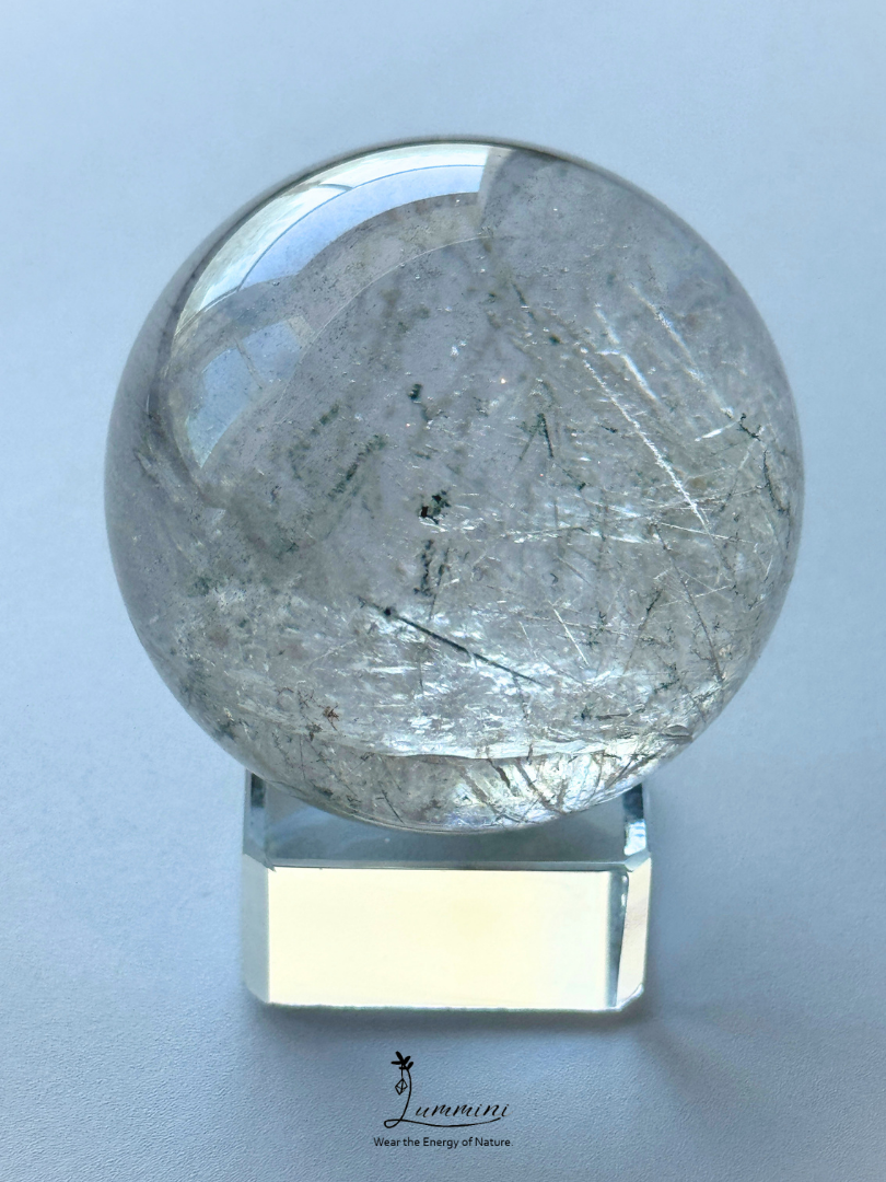 Rare & Distinctive,  Collector-Grade - Natural Garden Quartz Sphere with Frosted Rutile-Style Inclusions, Green Phantom & Rainbow, 48.5mm