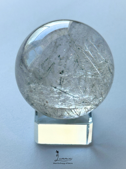 Rare & Distinctive,  Collector-Grade - Natural Garden Quartz Sphere with Frosted Rutile-Style Inclusions, Green Phantom & Rainbow, 48.5mm