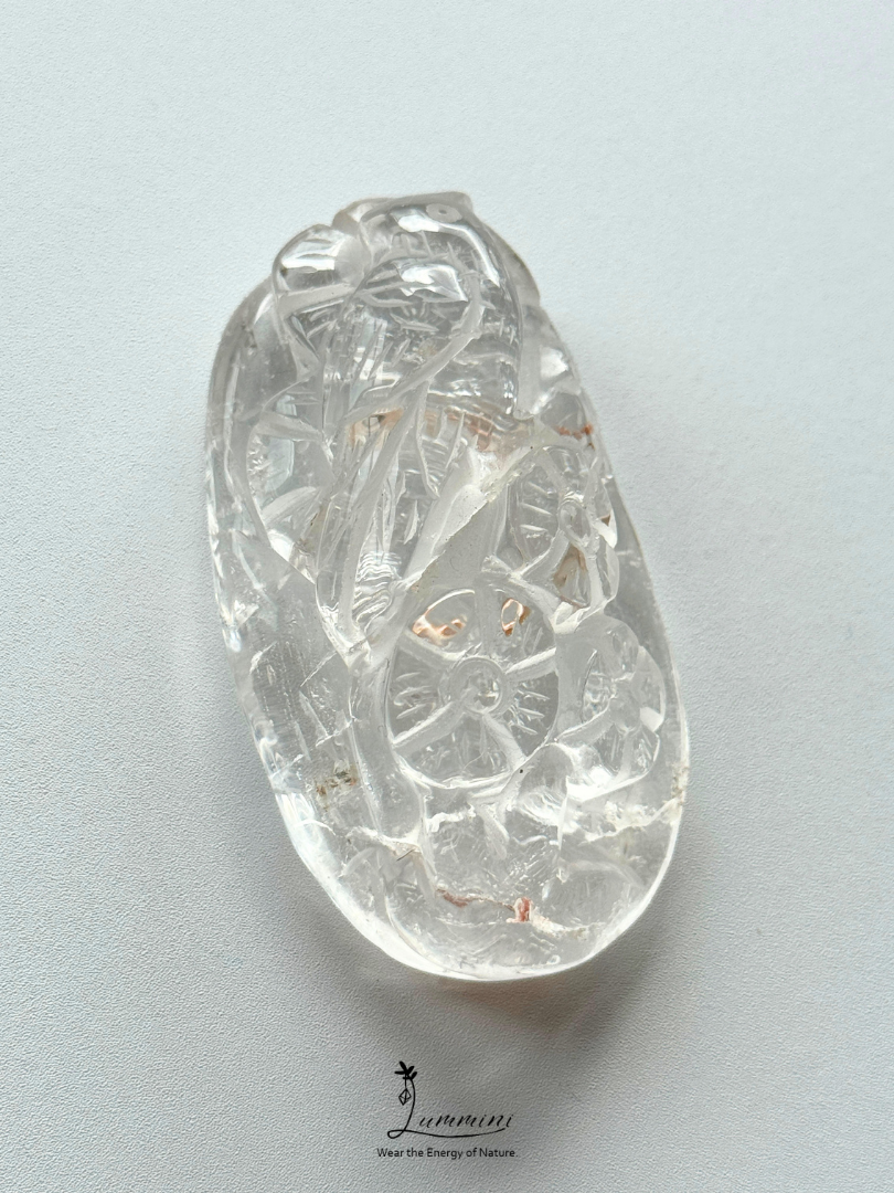 Natural Clear Quartz Magpie & Plum Blossom Pendant – Red Mineral Inclusions – 65mm, 74g