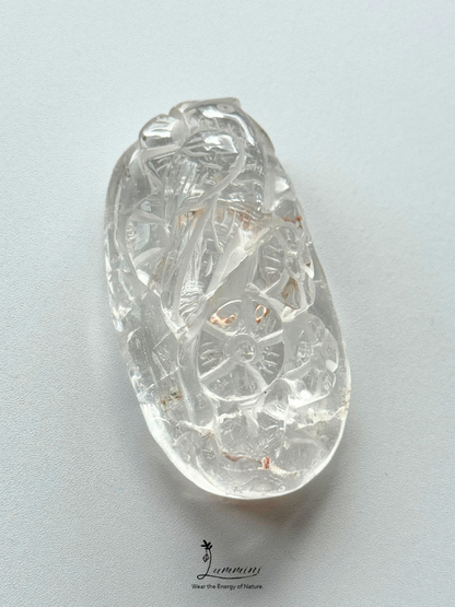 Natural Clear Quartz Magpie & Plum Blossom Pendant – Red Mineral Inclusions – 65mm, 74g