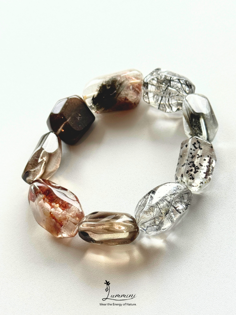 Artisanal Natural Mixed Crystal Bracelet – Black Rutilated Quartz, Black Mica, Black Hare’s Fur Quartz, Garden Quartz & Smoky Quartz, 12mm-15mm Freeform