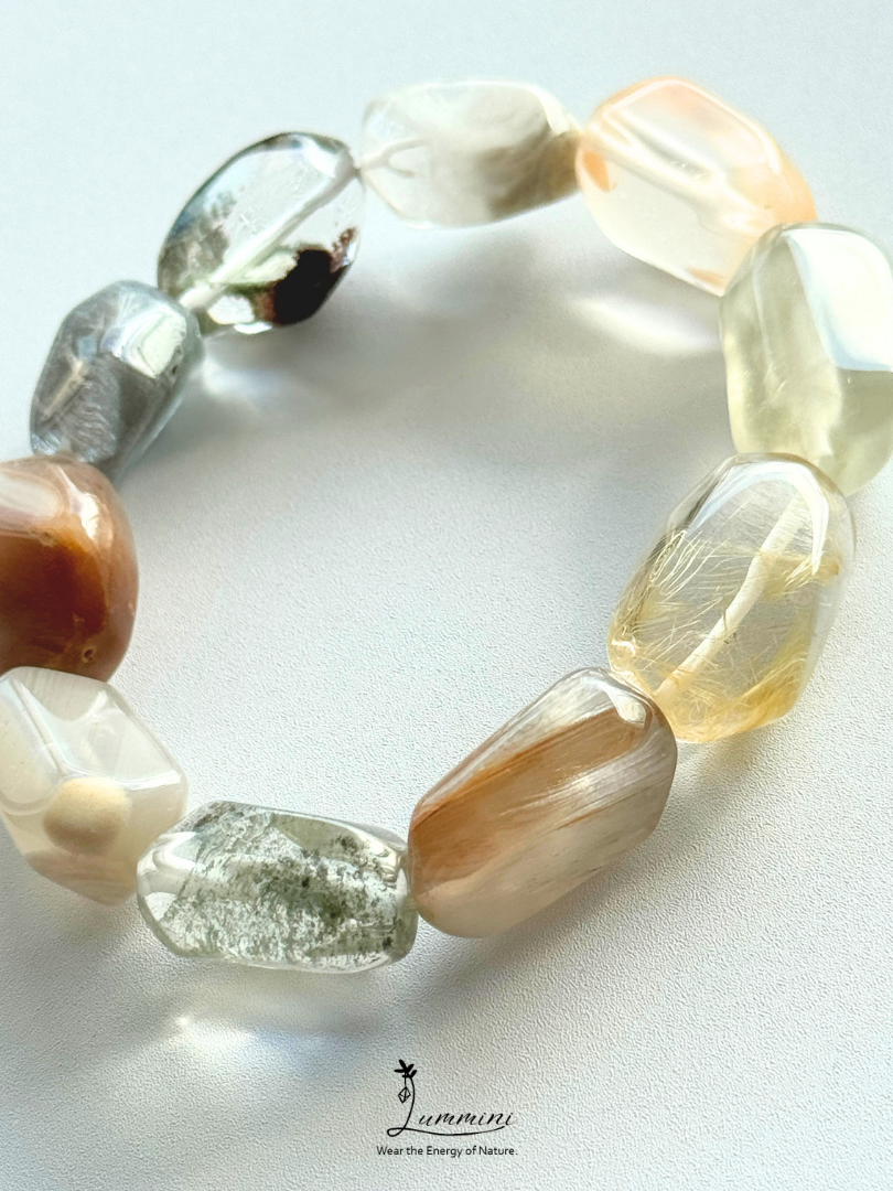 Artisan Natural Crystal Mosaic Bracelet – Hand-Cut Garden Quartz, Rabbit Hair & Golden Rutile #1