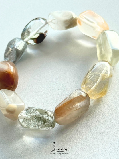 Artisan Natural Crystal Mosaic Bracelet – Hand-Cut Garden Quartz, Rabbit Hair & Golden Rutile #1