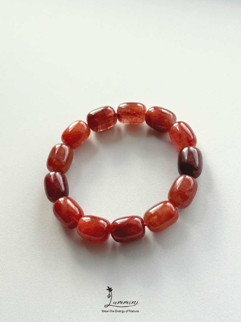 Natural Red Copper Rutilated Quartz Barrel Bead Bracelet – 12 × 16 mm