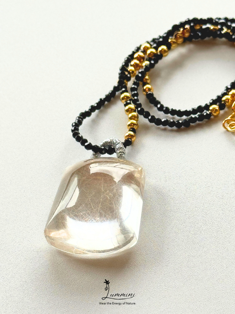 Natural Golden Rutilated Quartz Pendant Necklace with Black Obsidian Beaded Chain – 28mm