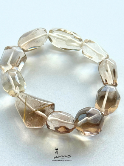 Artisan Natural AAA Grade Smoky Quartz Bracelet with Golden Rutile Accent Bead – Hand Cut Freeform, Approx. 12.5 mm