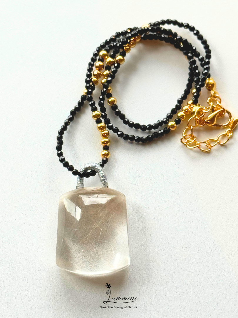 Natural Golden Rutilated Quartz Pendant Necklace with Black Obsidian Beaded Chain – 28mm