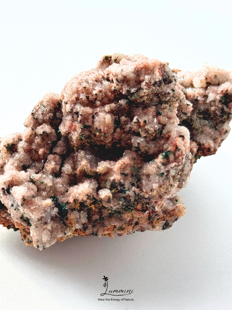 Distinctive Natural Pink Druzy Quartz Cluster with Malachite Association – 128g, 72mm