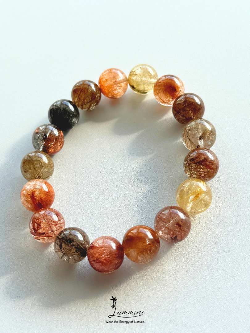 Rare Natural Multi-Coloured polychrome Rutilated Quartz Bracelet 13.5mm, Mixed colour, One of a Kind