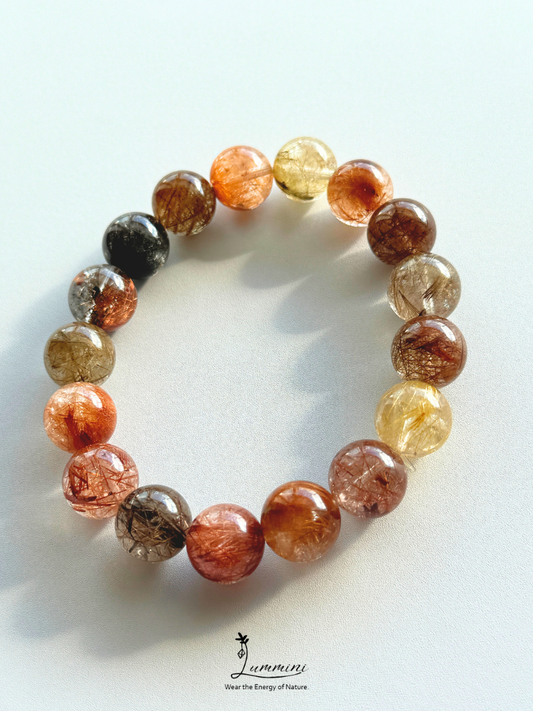 Rare Natural Multi-Coloured polychrome Rutilated Quartz Bracelet 13.5mm, Mixed colour, One of a Kind
