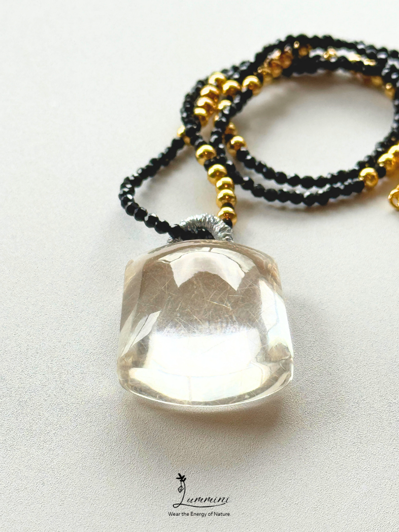 Natural Golden Rutilated Quartz Pendant Necklace with Black Obsidian Beaded Chain – 28mm