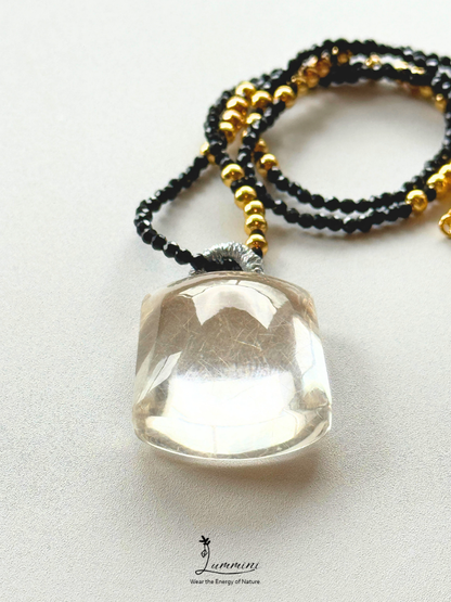Natural Golden Rutilated Quartz Pendant Necklace with Black Obsidian Beaded Chain – 28mm