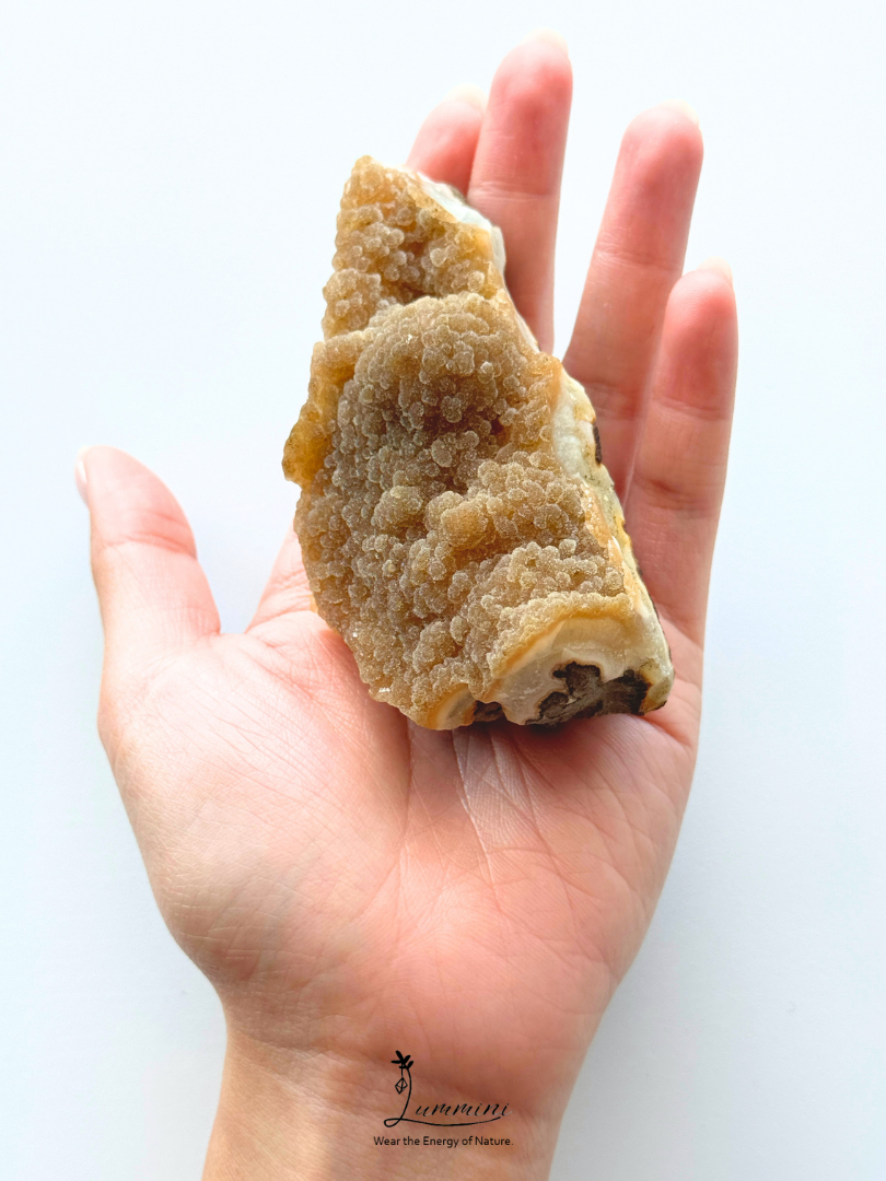 Natural Honey Botryoidal Druzy Quartz on Agate Matrix – 175g, 90mm