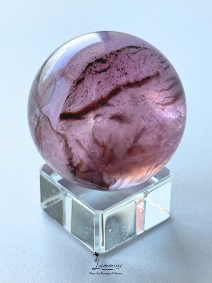 Natural Purple Fluorite Sphere with Scenic Pattern & Rainbow Flash – 44mm