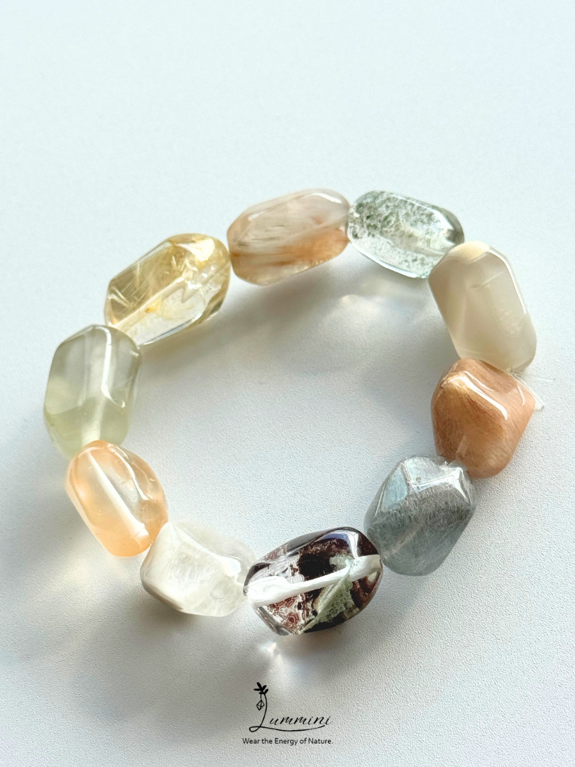 Artisan Natural Crystal Mosaic Bracelet – Hand-Cut Garden Quartz, Rabbit Hair & Golden Rutile #1