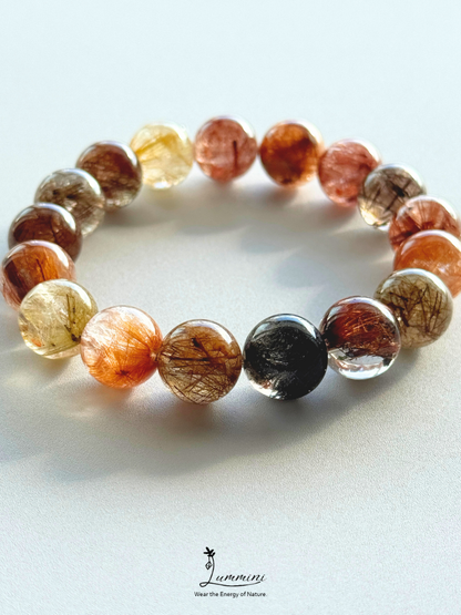 Rare Natural Multi-Coloured polychrome Rutilated Quartz Bracelet 13.5mm, Mixed colour, One of a Kind