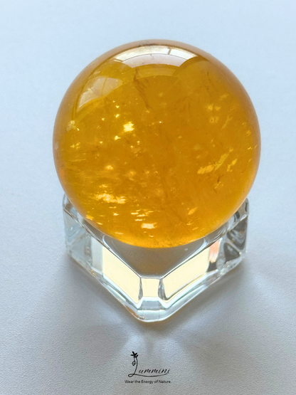 Natural Golden Fluorite Sphere with Dendritic Mineral Inclusion – 34mm