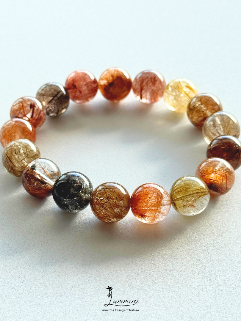 Rare Natural Multi-Coloured polychrome Rutilated Quartz Bracelet 13.5mm, Mixed colour, One of a Kind