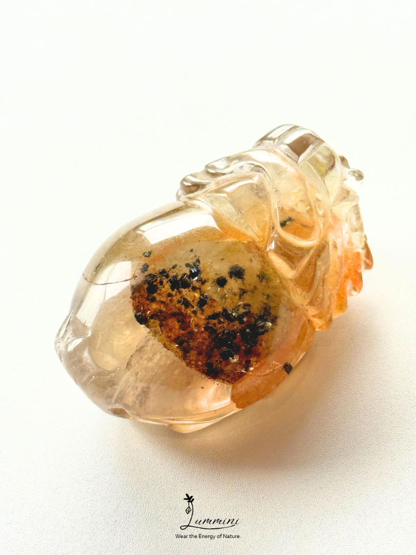 Natural Crystal - Pixiu Carving Quartz with Rare Black & Orange Mineral Inclusions – 75g, 53mm