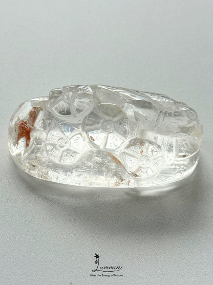 Natural Clear Quartz Magpie & Plum Blossom Pendant – Red Mineral Inclusions – 65mm, 74g