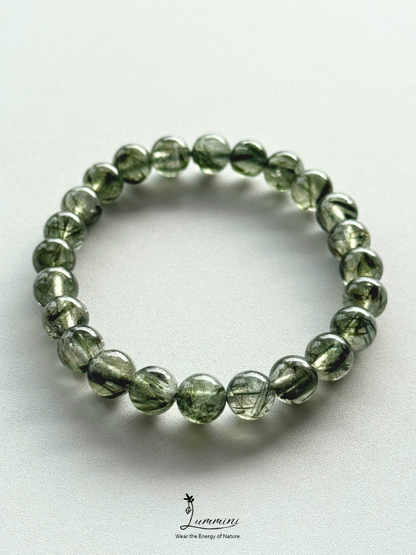 Natural Dark Green Rutilated Quartz Bracelet – 8mm, One of a Kind