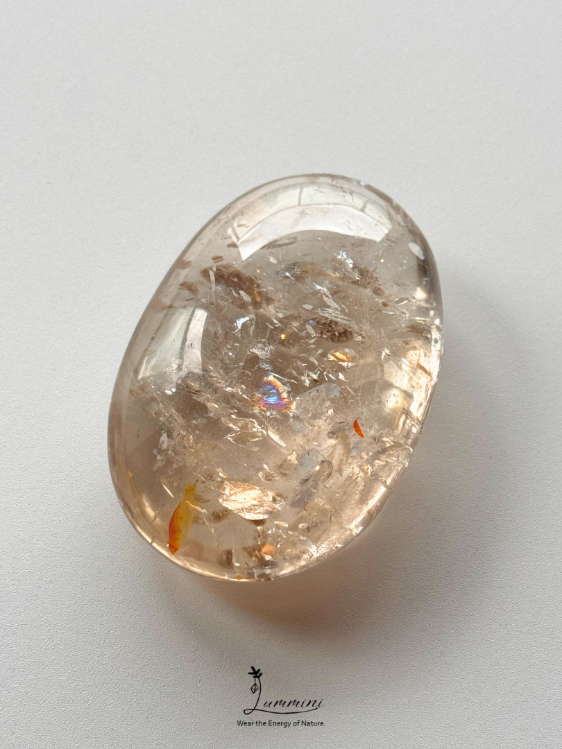 Natural Inclusion Quartz Palm Stone with Rainbow Fractures & Flower Inclusions - 115g, 67mm