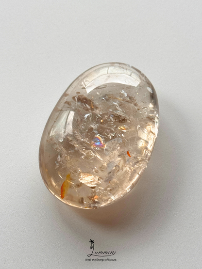 Natural Inclusion Quartz Palm Stone with Rainbow Fractures & Flower Inclusions - 115g, 67mm