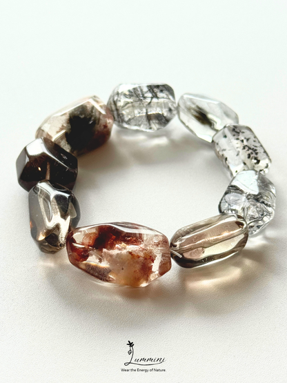 Artisanal Natural Mixed Crystal Bracelet – Black Rutilated Quartz, Black Mica, Black Hare’s Fur Quartz, Garden Quartz & Smoky Quartz, 12mm-15mm Freeform