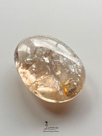 Natural Inclusion Quartz Palm Stone with Rainbow Fractures & Flower Inclusions - 115g, 67mm