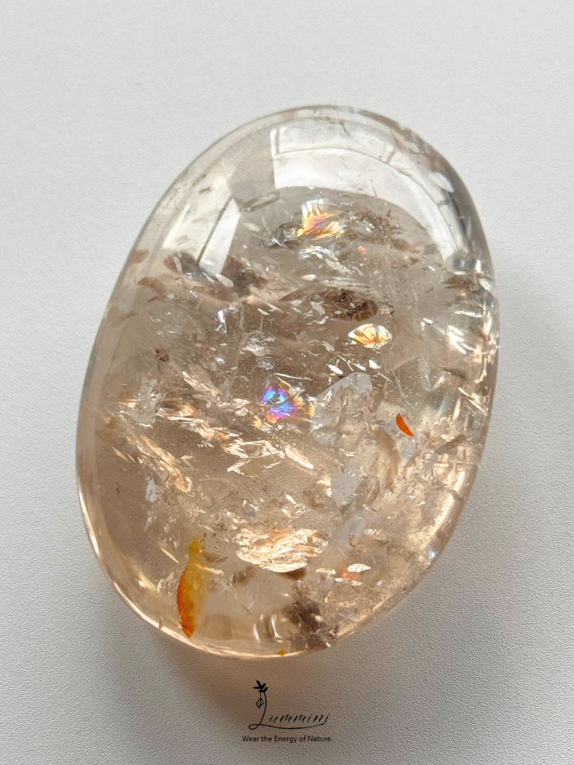 Natural Inclusion Quartz Palm Stone with Rainbow Fractures & Flower Inclusions - 115g, 67mm
