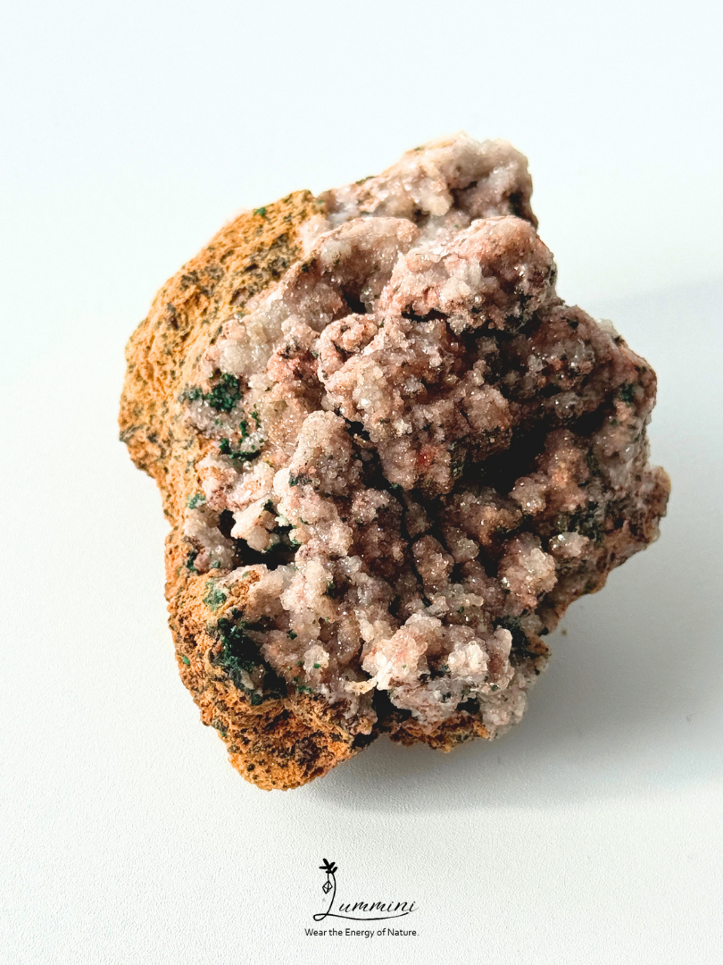 Distinctive Natural Pink Druzy Quartz Cluster with Malachite Association – 128g, 72mm