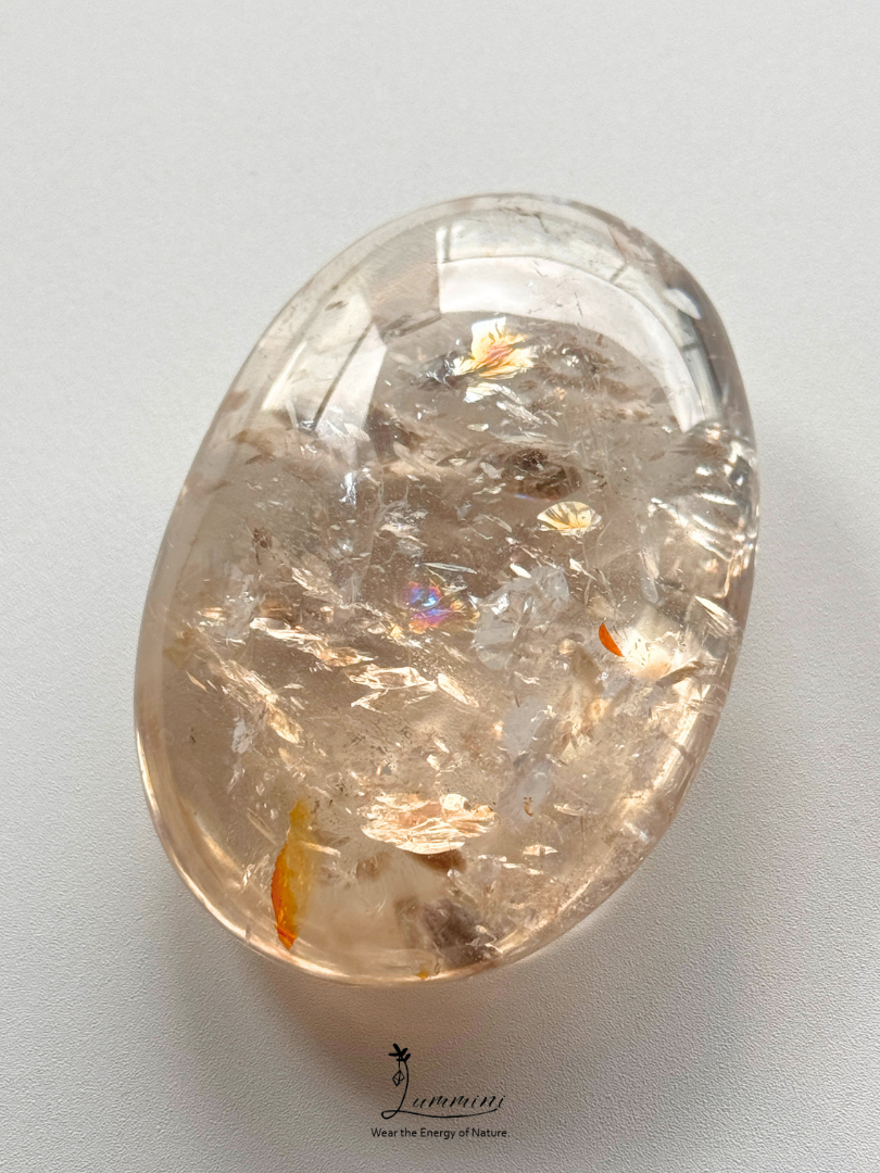 Natural Inclusion Quartz Palm Stone with Rainbow Fractures & Flower Inclusions - 115g, 67mm