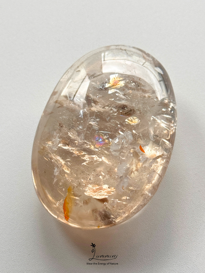 Natural Inclusion Quartz Palm Stone with Rainbow Fractures & Flower Inclusions - 115g, 67mm