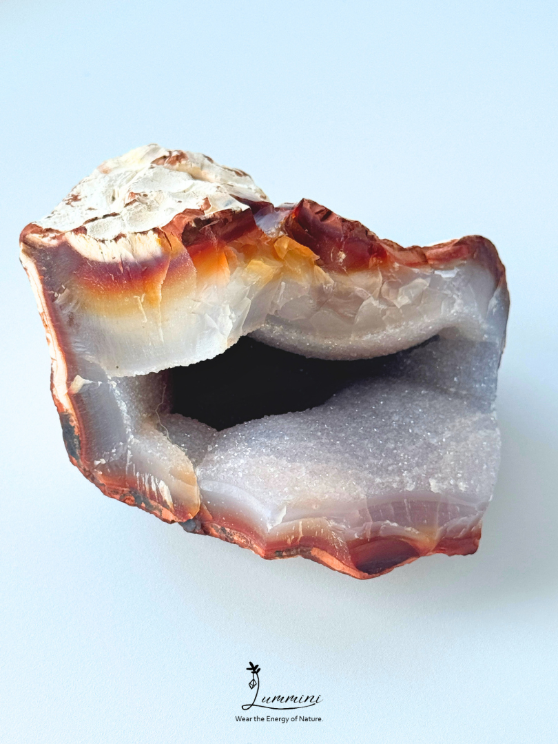 Natural Carnelian Agate Druzy Geode with Sparkling Quartz Cavity – 350g, 93mm