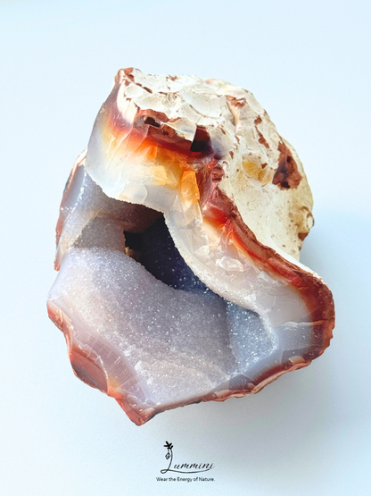 Natural Carnelian Agate Druzy Geode with Sparkling Quartz Cavity – 350g, 93mm