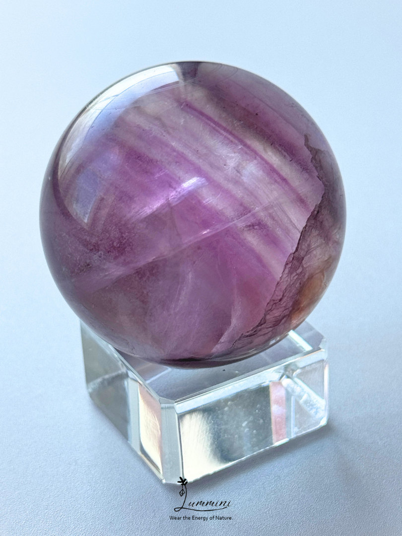 Natural Purple Fluorite Sphere with Scenic Pattern & Rainbow Flash – 44mm