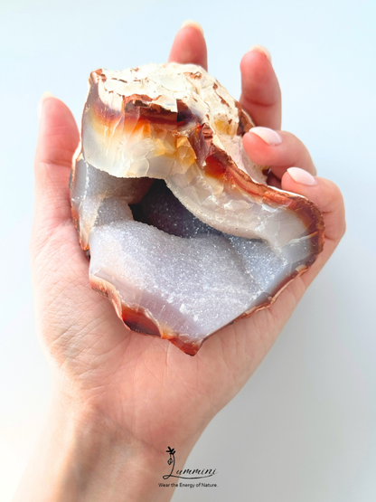 Natural Carnelian Agate Druzy Geode with Sparkling Quartz Cavity – 350g, 93mm