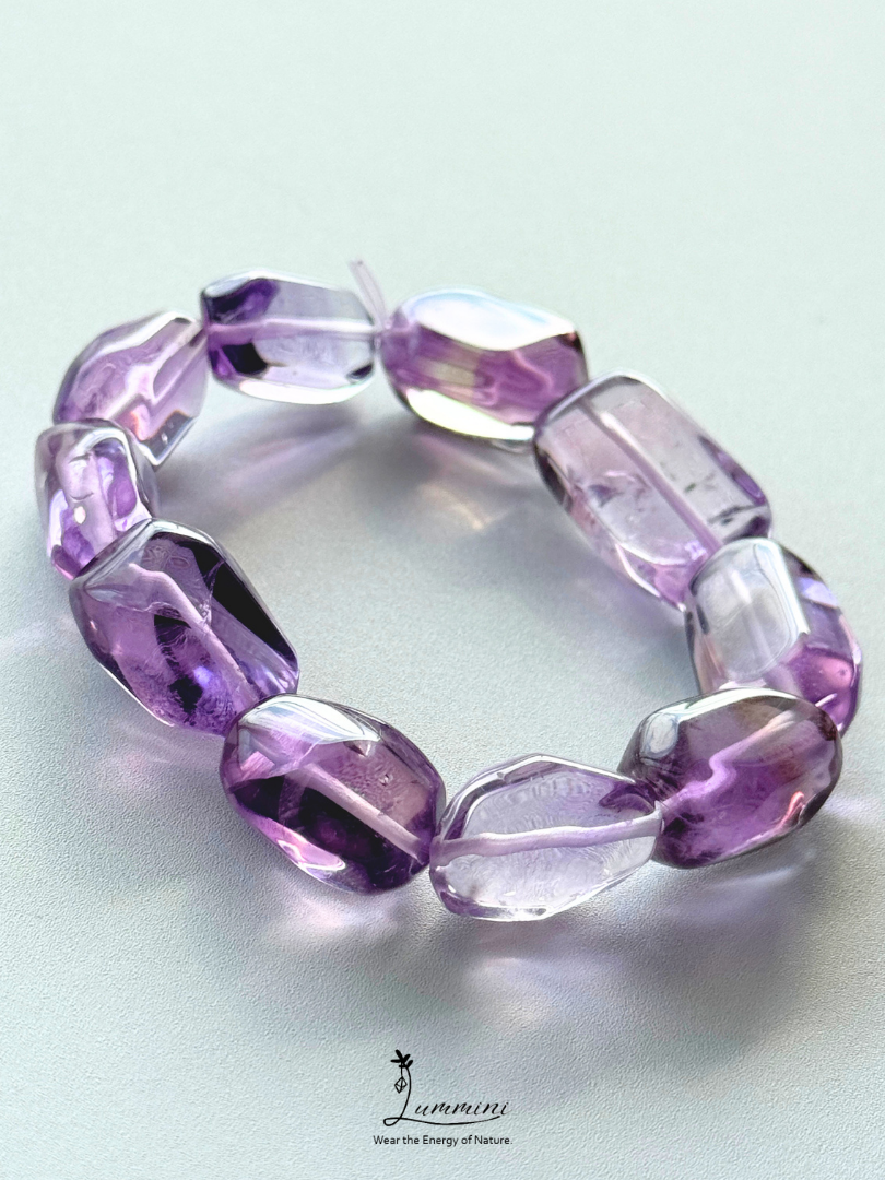 Premium Brazil Natural Amethyst & Ametrine Freeform Bracelet with Black Mineral Inclusion – 10–13mm
