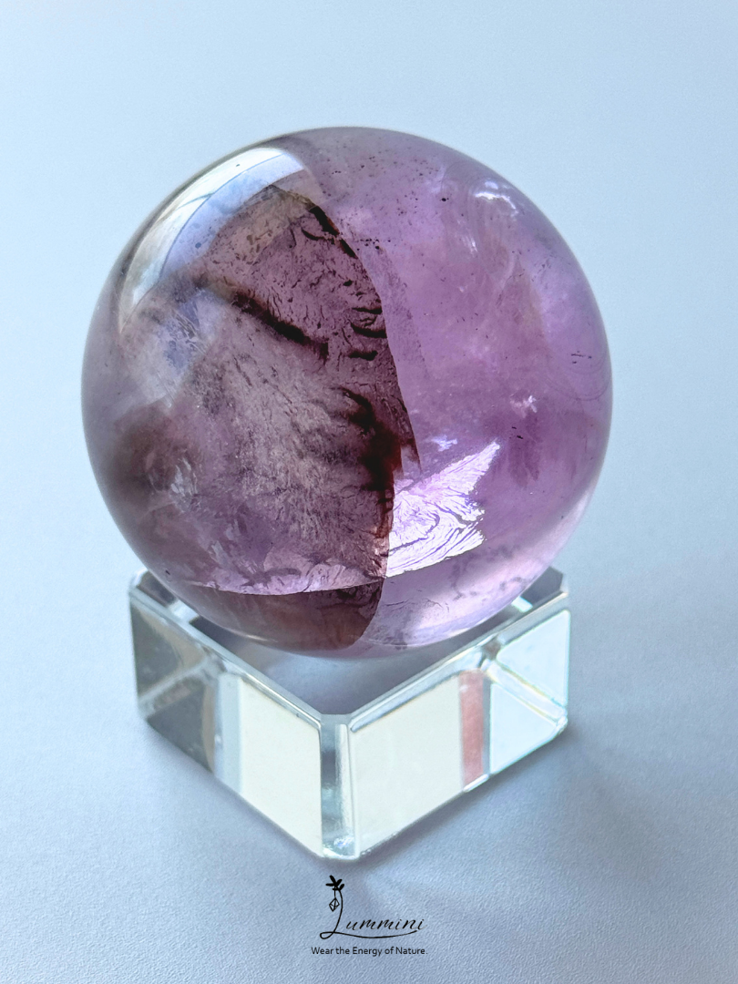 Natural Purple Fluorite Sphere with Scenic Pattern & Rainbow Flash – 44mm