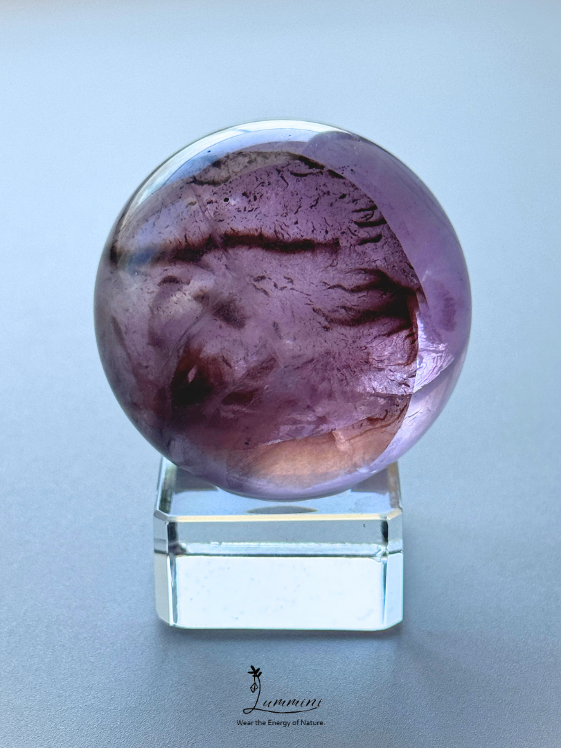 Natural Purple Fluorite Sphere with Scenic Pattern & Rainbow Flash – 44mm
