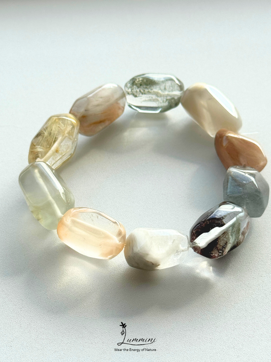 Artisan Natural Crystal Mosaic Bracelet – Hand-Cut Garden Quartz, Rabbit Hair & Golden Rutile #1