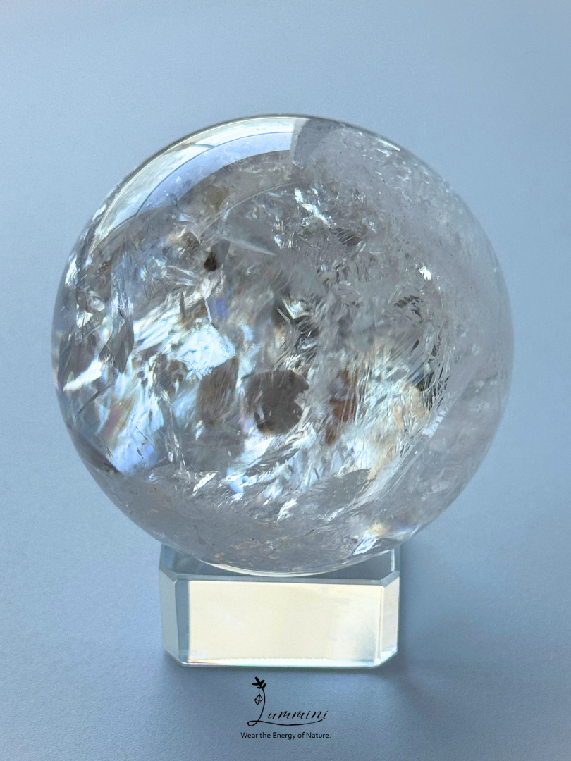Collector-Grade Large Natural Clear Quartz Sphere with Explosive Rainbow Fractures – 62.5mm