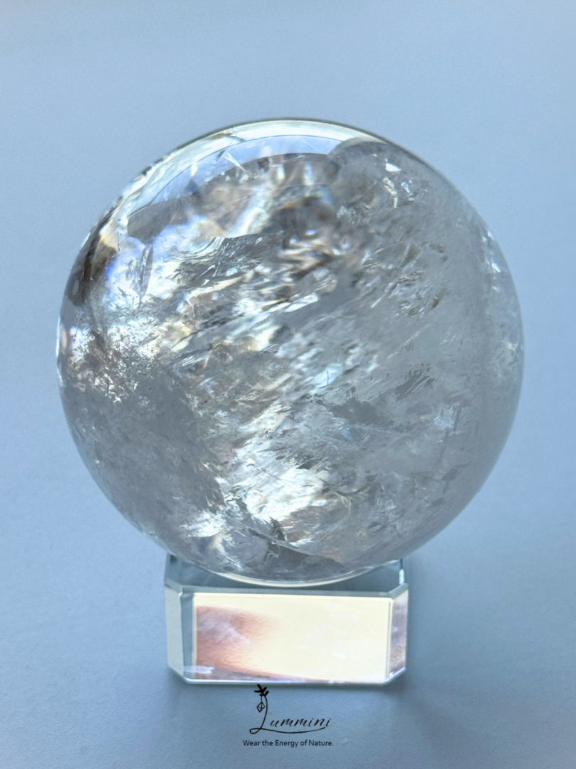 Collector-Grade Large Natural Clear Quartz Sphere with Explosive Rainbow Fractures – 62.5mm