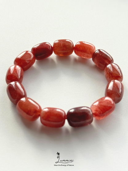 Natural Red Copper Rutilated Quartz Barrel Bead Bracelet – 12 × 16 mm