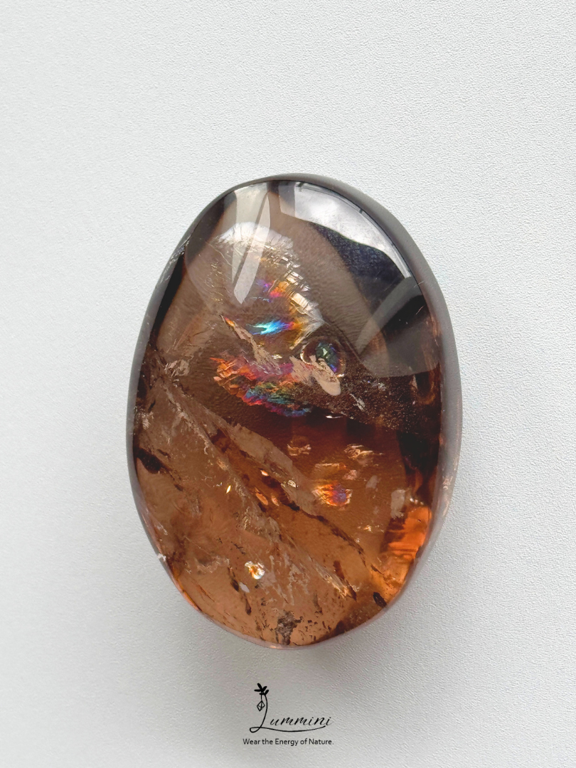 Natural Smoky Quartz Palm Stone with Rainbow Fractures - 53g, 50 mm