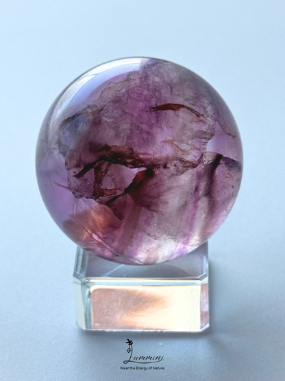Natural Purple Fluorite Sphere with Scenic Pattern & Rainbow Flash – 44mm