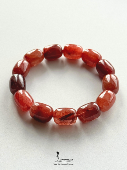 Natural Red Copper Rutilated Quartz Barrel Bead Bracelet – 12 × 16 mm