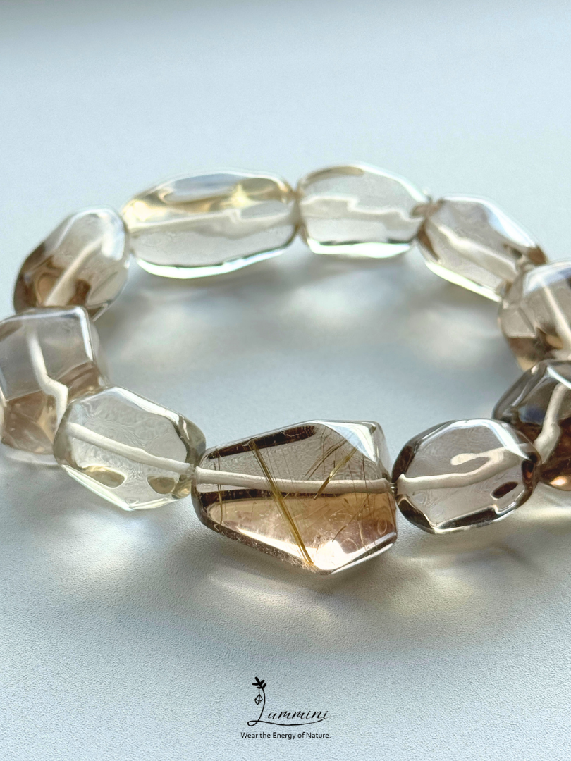 Artisan Natural AAA Grade Smoky Quartz Bracelet with Golden Rutile Accent Bead – Hand Cut Freeform, Approx. 12.5 mm